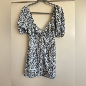 Blue Floral Puff-Sleeve Midi Dress